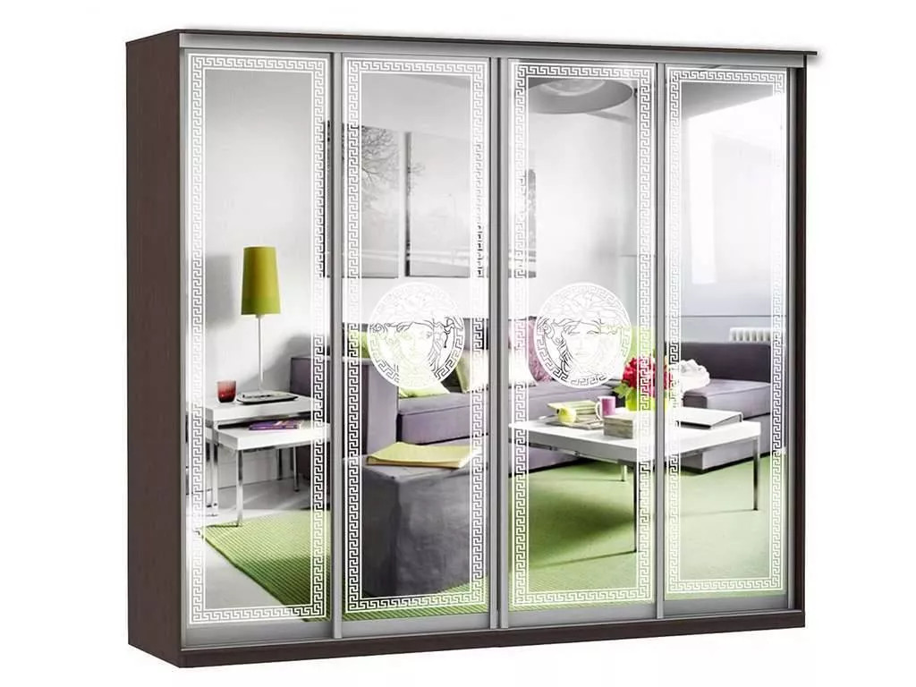 Шкаф купе Модерн 2362х450 4-х дверный 4-х секционный зеркальный с пескоструем №1 венге